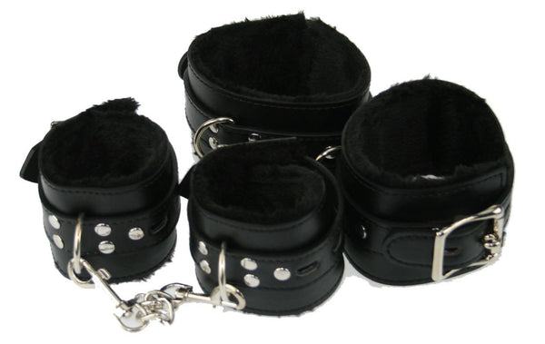 Black PVC Fur-lined Wrist and Ankle Restraints with Locking Buckle (Style 4)