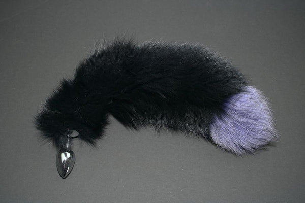 Black with Lavender Tip Fox Tail Butt Plug Real Fur