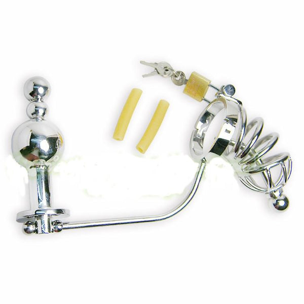 Steel Chastity Cage with Urethral and Anal Plug