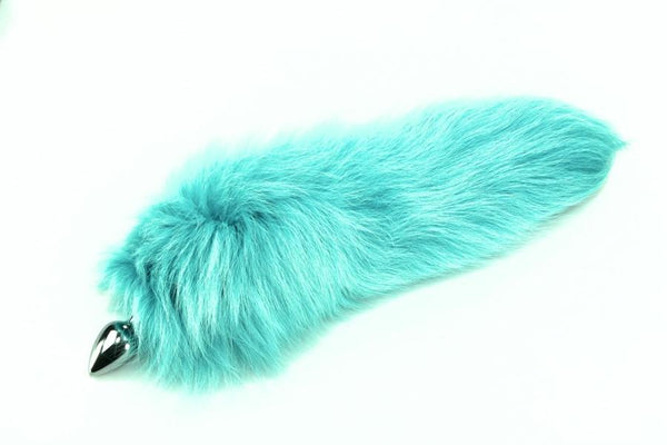 Sleek Sky Blue Fox Tail Butt Plug Real Fur
