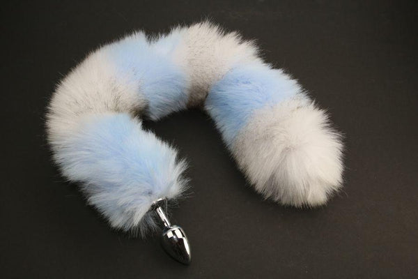 Long Faux Fur Light Blue & Grey Striped Fox Tail or Kitty Tail Butt Plug