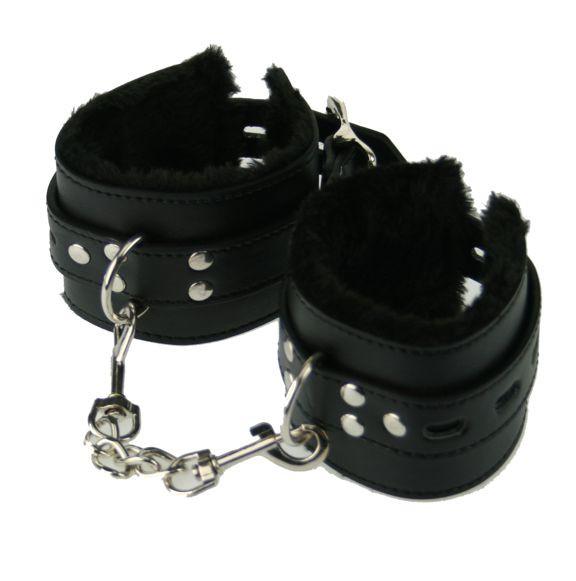 Black PVC Fur-lined Wrist Restraints with Locking Buckle (Style 4)