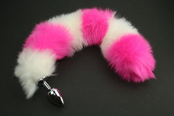 Long Faux Fur Pink & White Striped Fox Tail or Kitty Tail Butt Plug